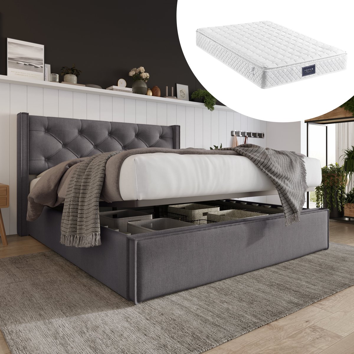 STILVORA Gestoffeerd Bed 140x200 cm – met Gepolsterd Hoofdeinde – Opbergbox met Gasveerlift & Antislip Latten – Slaapkamer – Katoen – Grijs – Met matras