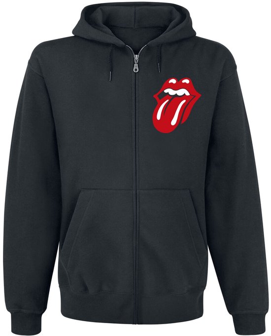 Zwart vest met rits en capuchon, voorzien van het iconische rode Rolling Stones lippenlogo op de borst.