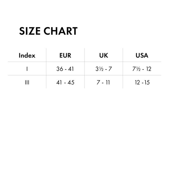 Maattabel met maten voor sokken: Index I (EUR 36-41, UK 3.5-7, USA 7.5-12) en Index III (EUR 41-45, UK 7-11, USA 12-15).