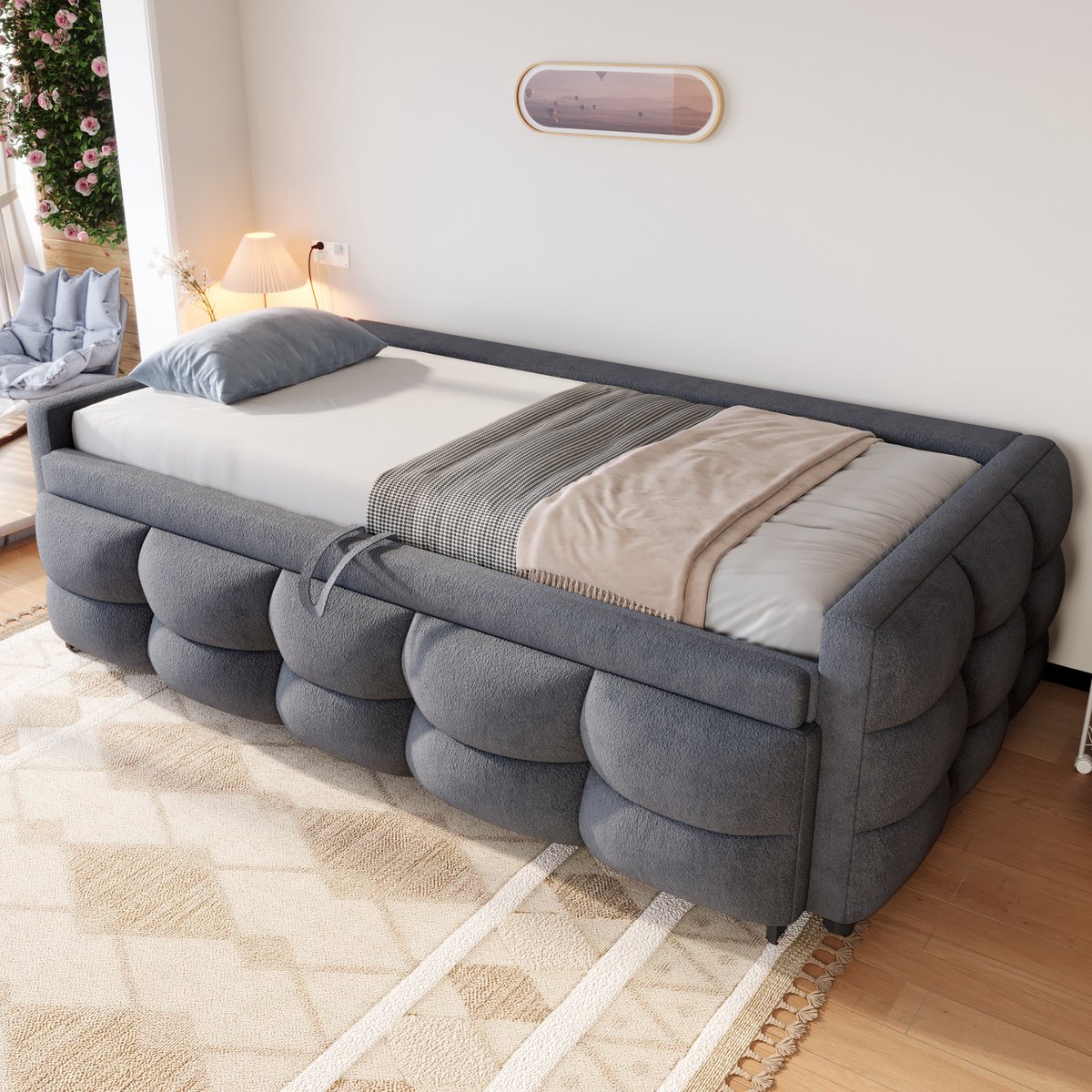 OKWISH Gestoffeerd Bed 90/180x190 cm - Uitklapbaar Slaapbank Met Uittrekbed - Met Lattenbodem - Teddy Fluweel - Zonder matras - Grijs