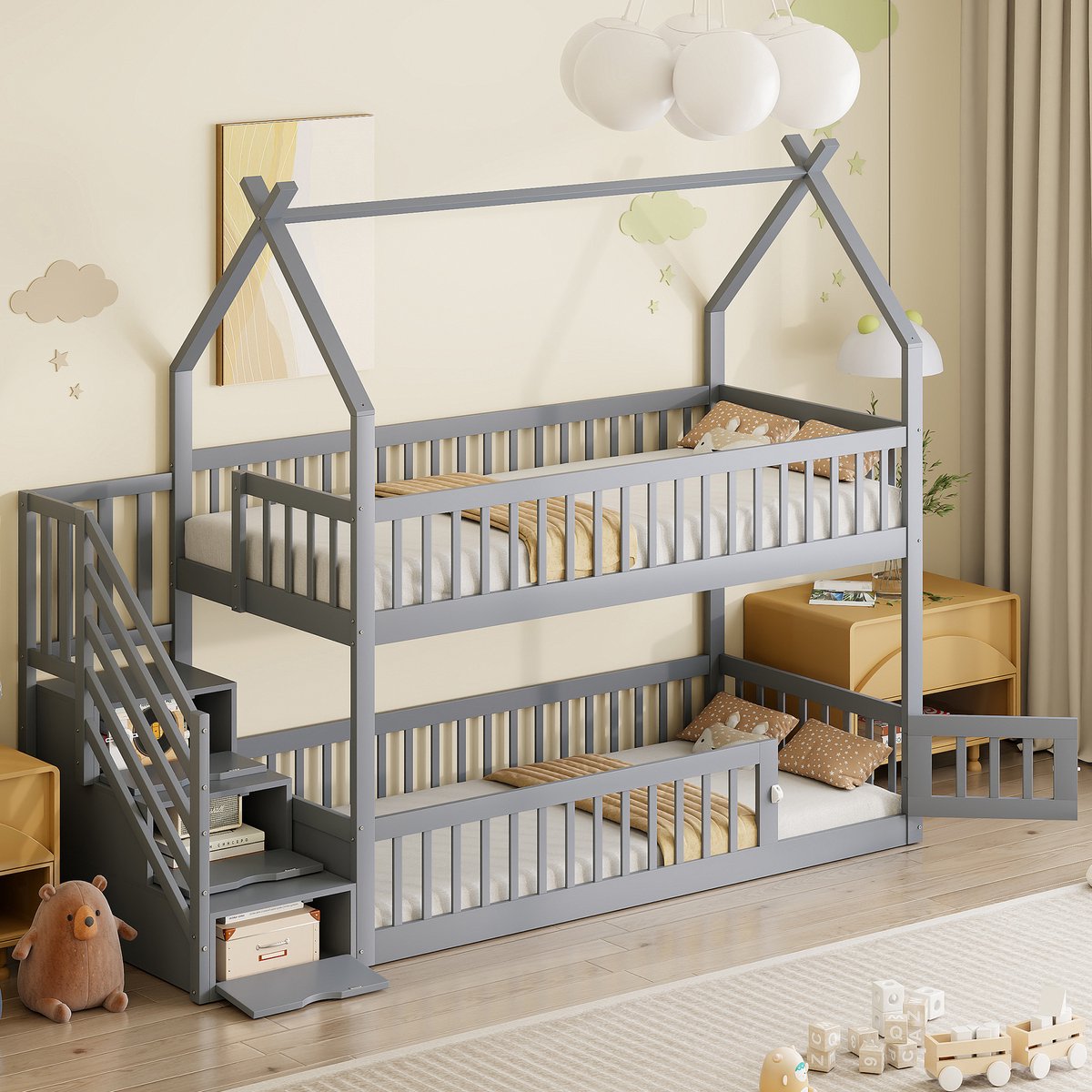 STILVORA Stapelbed Kinderbed 90x200 cm – Huisbed Met Dak & Veilige Trap – Traptreden Met Lades Voor Opberging – Massief Grenenhout – Grijs – Zonder matras