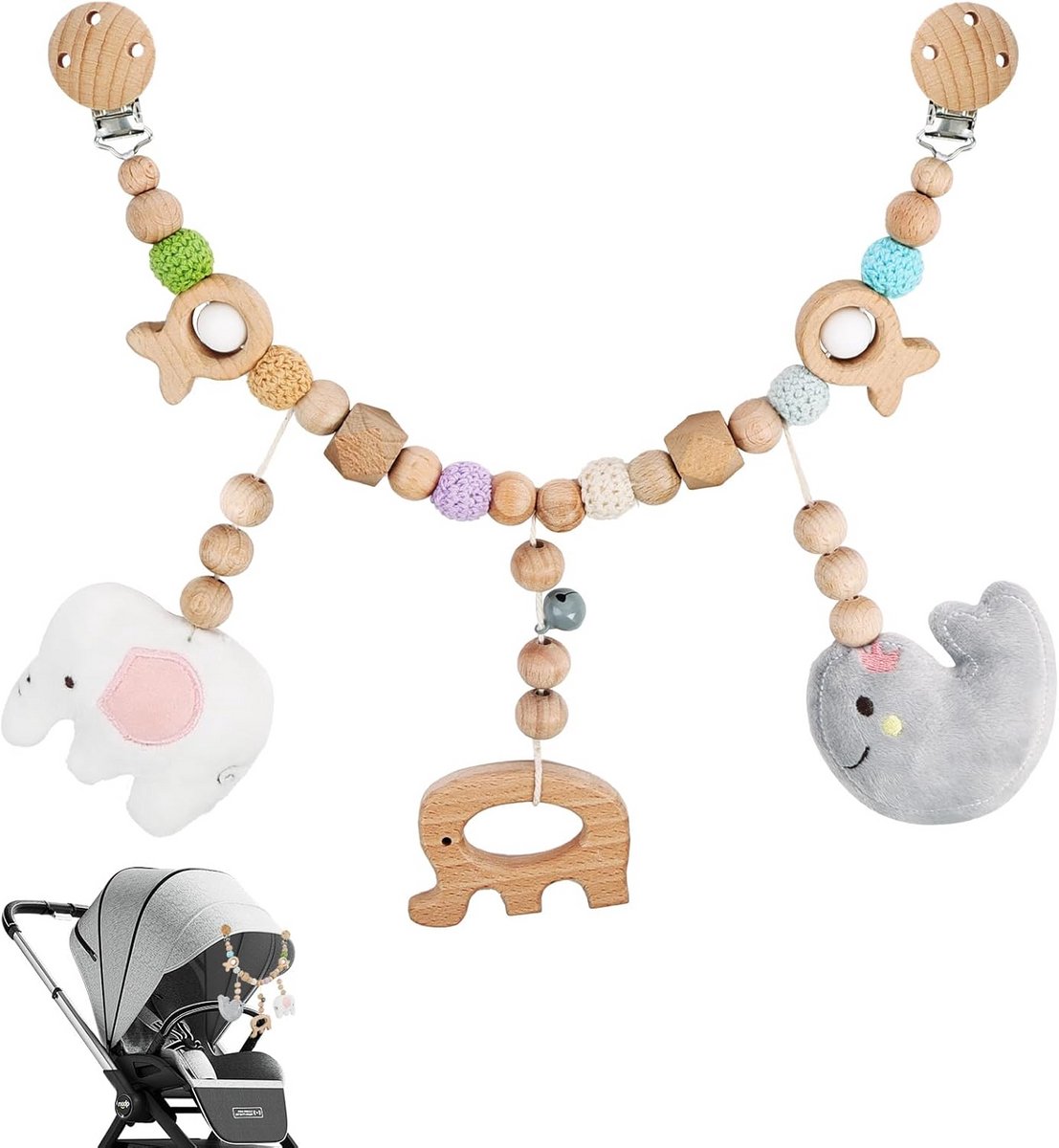 Houten kinderwagenketting 40 cm voor babybed en autostoel - natuurlijk speelgoed vanaf 0 maanden