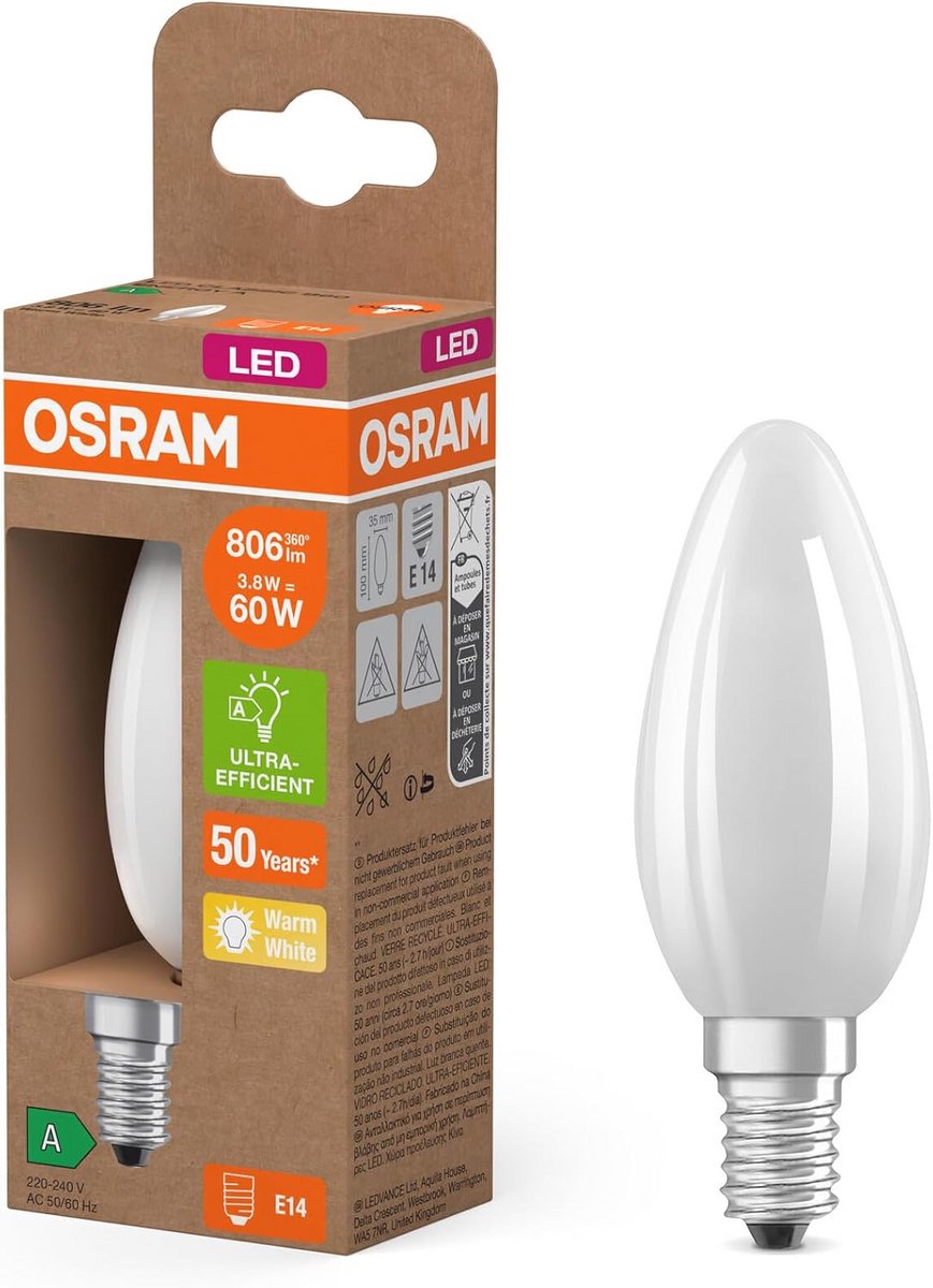 Energiezuinige LED-lamp in mini-kaarsvorm - 3,8 W, 806 lm, warm wit licht (2700 K), E14 fitting