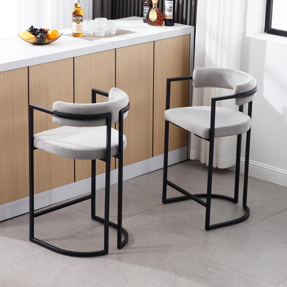 Moderne Fluwelen Barkrukken Set van 2 - Hoge Keukenkrukken met Metalen Frame