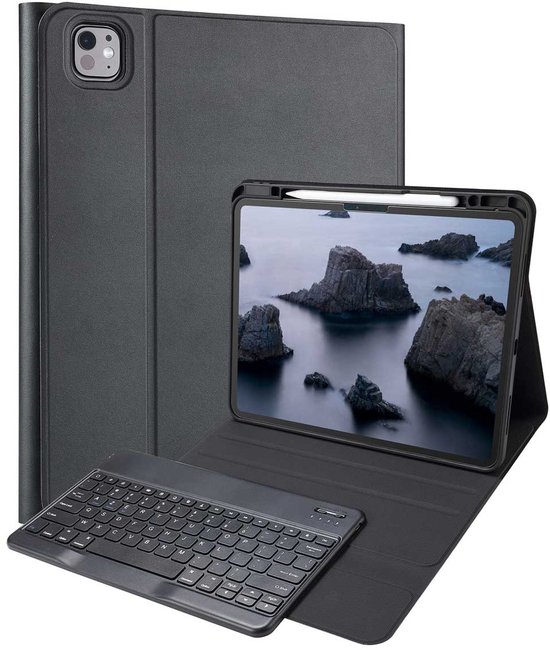 Zwarte hoes met AZERTY toetsenbord, geschikt voor een tablet met stylus.