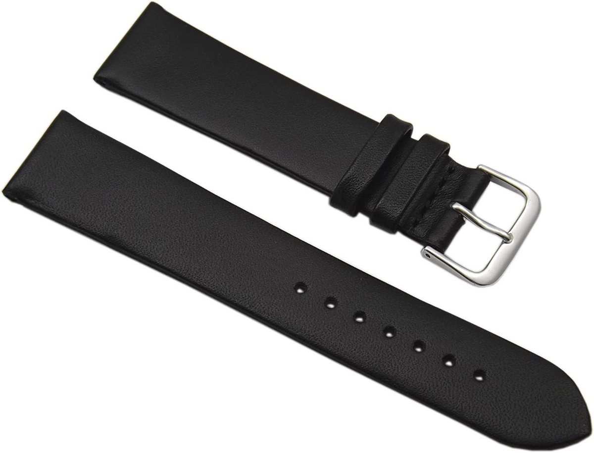 20 mm Zachte Kalfsleer Horlogeband Zwart met Zilverkleurige Gesp