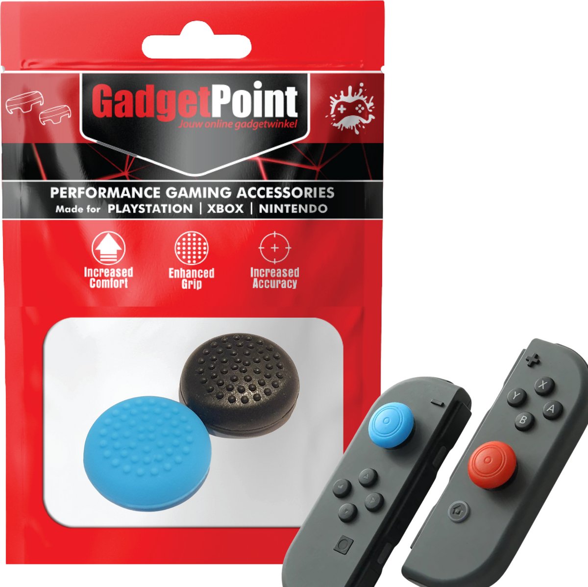 Gadgetpoint - Thumb Grips voor Nintendo Switch Joy-Con Controllers - Gaming Thumbgrips - Performance Anti-Slip Thumbsticks - Bescherming Accessoires - Thumbs Stippen - Zwart/Blauw