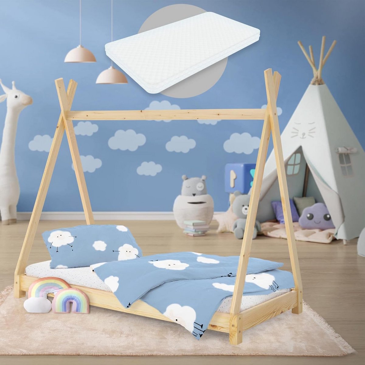 Kinderbed Tipi 80x160 cm – Speelbed van Massief Grenenhout met Matras en Lattenbodem voor Jongens en Meisjes