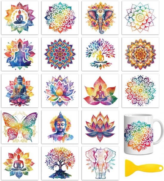 Feuilles d'autocollants style aquarelle avec mandalas, bouddhas, fleurs de lotus, éléphants et papillons aux couleurs arc-en-ciel.