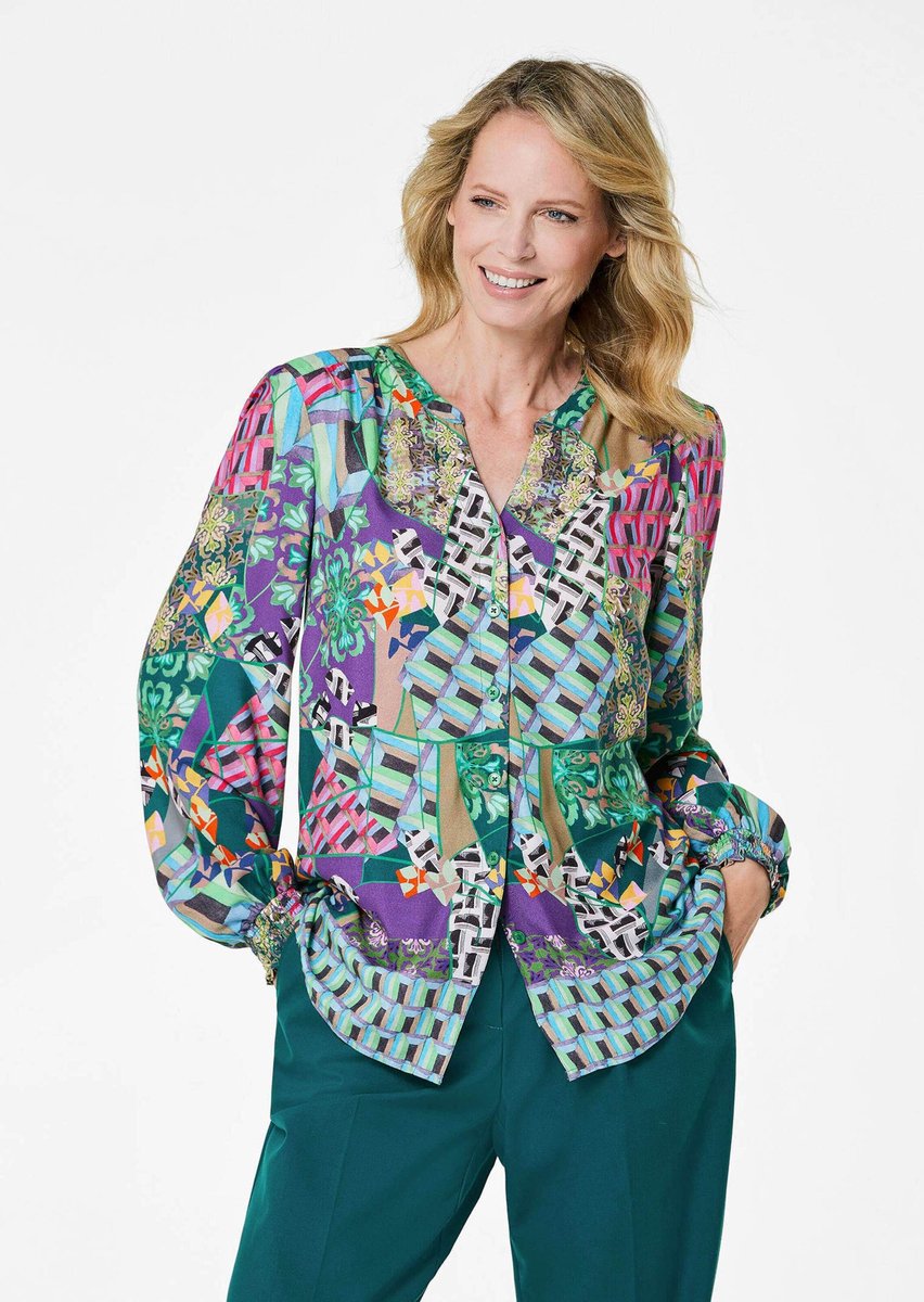 Goldner Blousetuniek Patchworkblouse met ronde hals, V-split