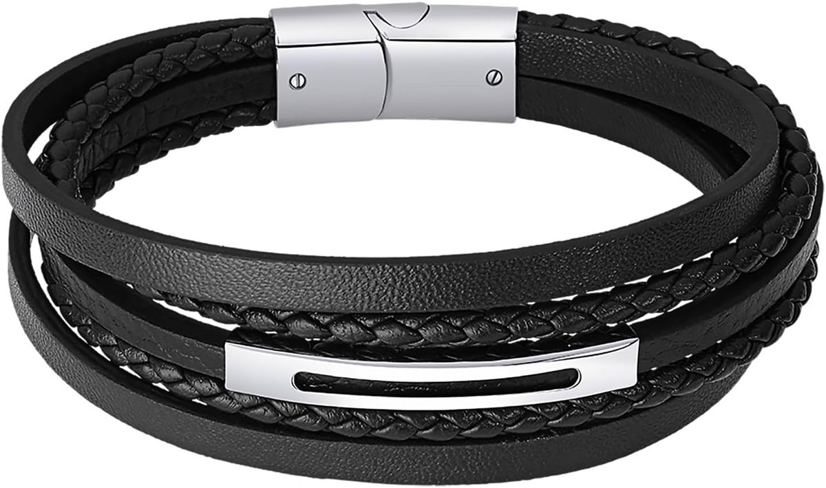 Stoer Leren Herenarmband 213mm - Zwart Leer en Glanzende Afwerking