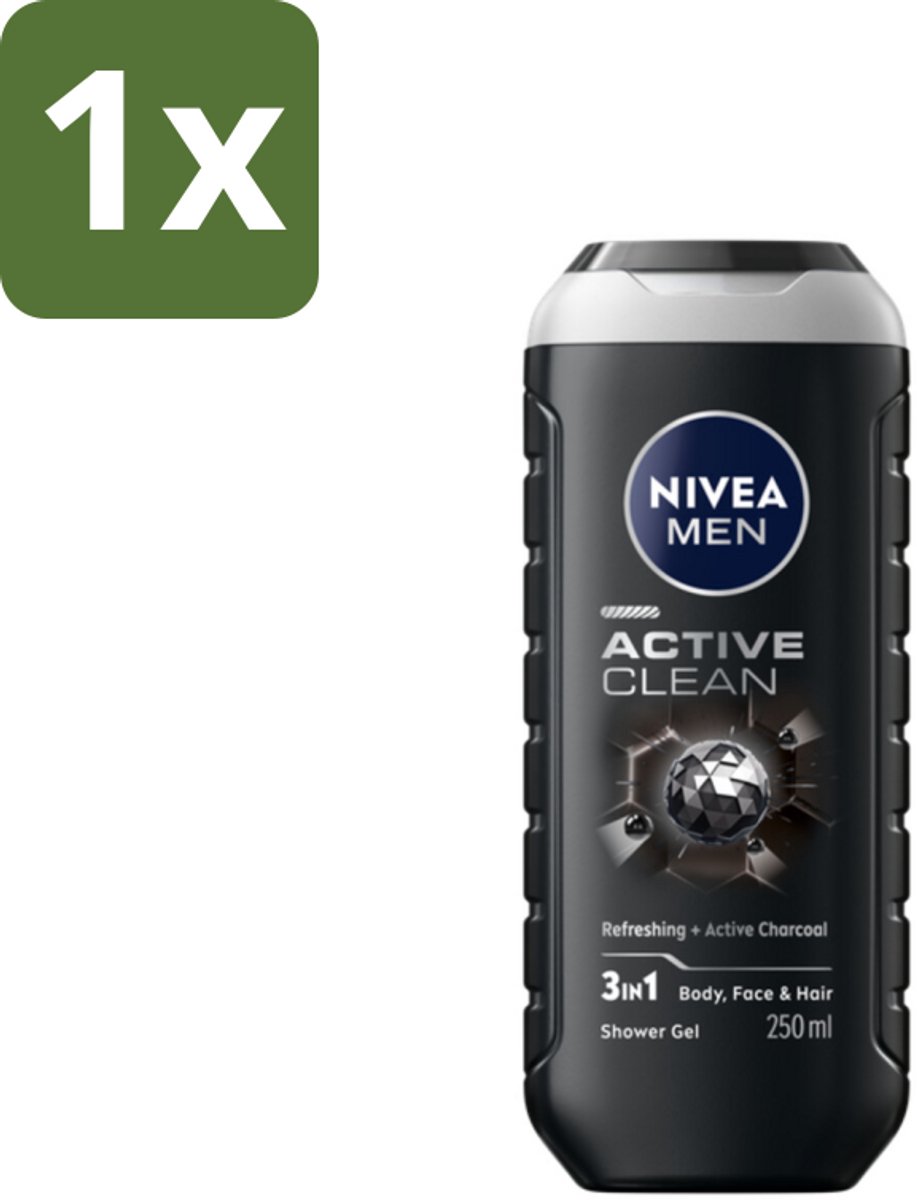 1 x NIVEA MEN - Douchegel - Active Clean - 250 ml - Douchegel Mannen - Actieve Houtskool - Reiniging Huid - Schuim Douchegel - Mannelijke Geur