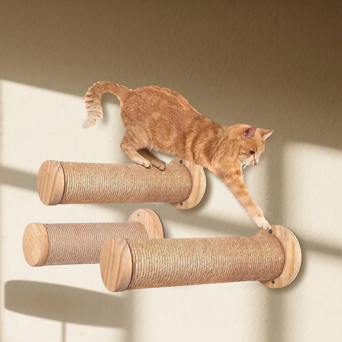 CHIWIN Krabmeubel - Katten Klimwand Wandmontage – 3-traps Houten Kattenplank met Jute Krabpaal | Massief Rubberhout | Indoor Kattenmeubel en Klimladder