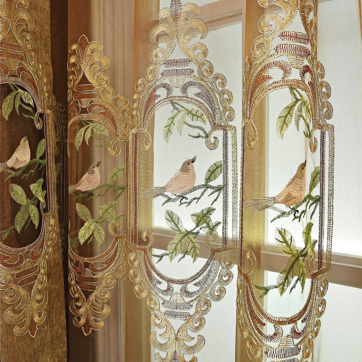 Set van 2 geborduurde vogels gordijnen voor woonkamer en slaapkamer - hoge kwaliteit bruin tule 49W x 213 cm