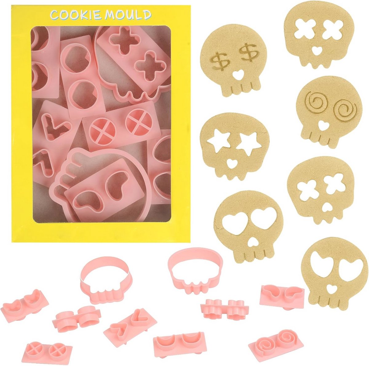 Halloween koekjessnijders set met 3D schedels en motiefstempels - 10 stuks