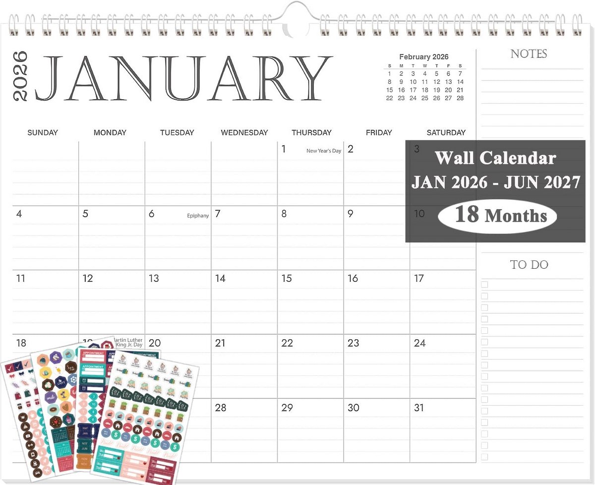 18 Maandelijkse Wandkalender 2026-2027 - Hangende Kalender met Grote Blokken en Stickers