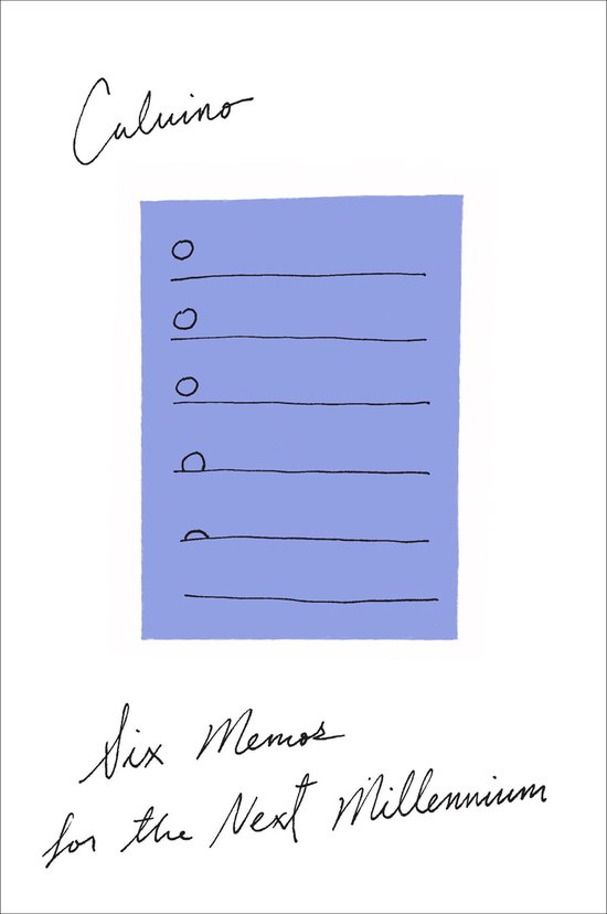 Titel 'Calvino Six Memos for the Next Millennium' met een paarse lijst met zes items.