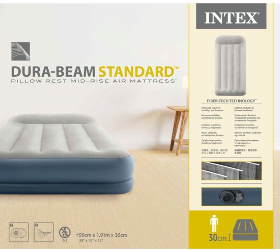 Matelas Gonflable Intex - 1 Personne - 99 x 191x 30 cm - Grijs - Avec pompe intégrée + Hoeslaken Anthracite + Oreiller + Taies d'oreiller Molton 2 en 1 + Kit de réparation
