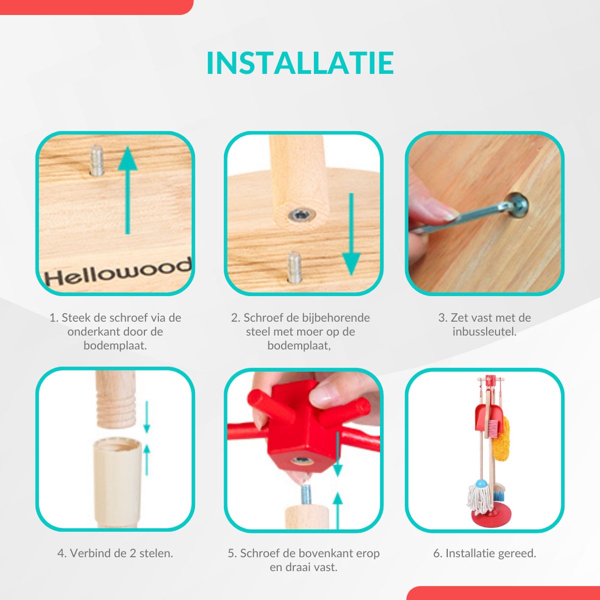 Buxibo Kinder Schoonmaak Set - Houten Huishoudelijke Gereedschap - Mini Bezem, Stoffer, Mop - Montessori Speelgoed - Multicolor — afbeelding 10