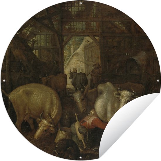 Tuincirkel Koeien in een stal; In de vier hoeken heksen - Schilderij van Roelant Savery - 60x60 cm - Ronde Tuinposter - Buiten
