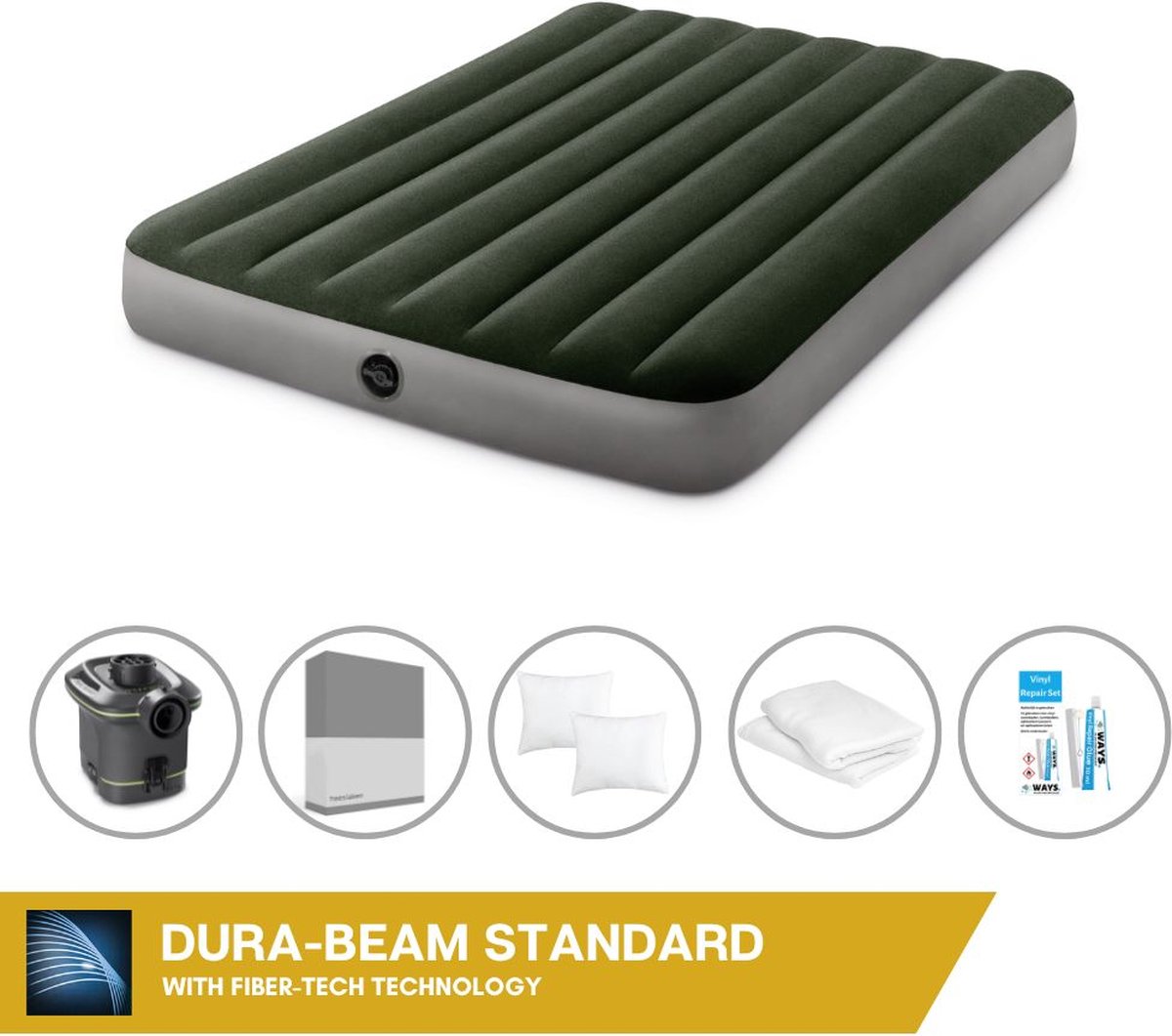 Intex Luchtbed - Twijfelaar - 137 x 191 x 25 cm - Groen - Met pomp + Hoeslaken Antraciet + Kussen + Molton 2 in 1 Kussenslopen + Reparatieset