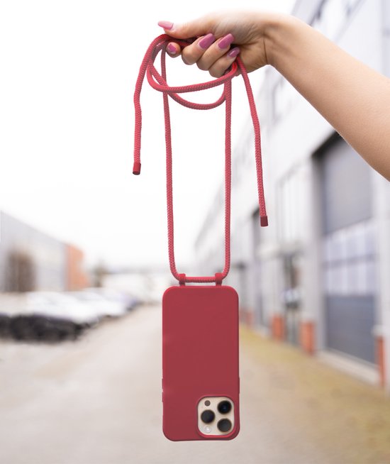 Coverzs Coque en silicone avec cordon - Coque pour téléphone avec cordon - Coque arrière avec cordon - cordon - convient pour Apple iPhone 14 Pro Max - rouge