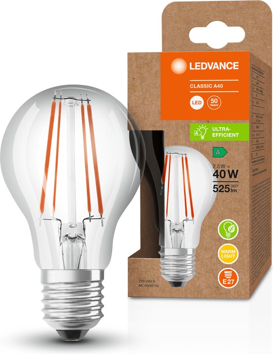 Ledvance Classic LED E27 Peer Filament Helder 2.5W 525lm - 830 Warm Wit