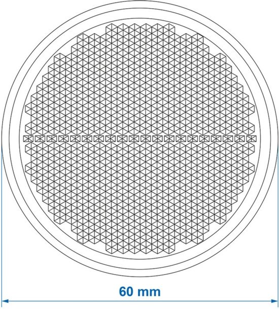 Technische tekening van een ronde reflector met een doorsnede van 60 mm en een gedetailleerd patroon.