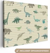 Canvas schilderij dinosaurus - Kinderkamer decoratie - Dino - Dieren - Design - Groen - Kids - Muurdecoratie kinderkamer - Canvasdoek kinderen - 160x120 cm