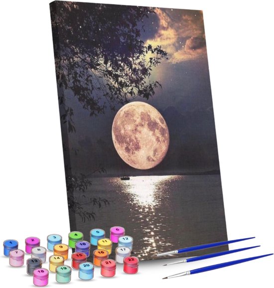 Rubye® Schilderen Op Nummer Volwassenen – Volle Maan – Inclusief Verf en Penselen – Canvas Schildersdoek – Kleuren op Nummer – 40x50cm