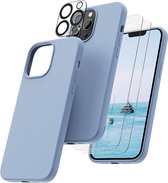 Hoesje Geschikt voor iPhone 14 Pro – Liquid siliconen backcover met 2x glazen screenprotector en camera lens protector – Licht Blauw