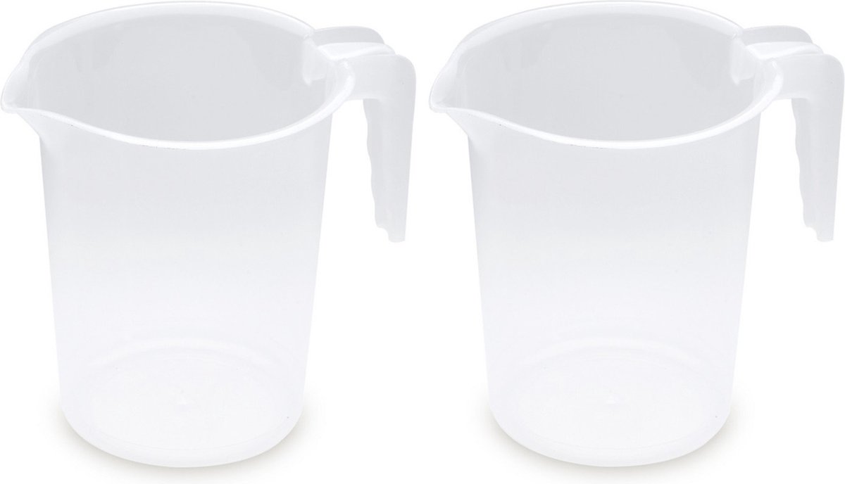 Plasticforte schenkkannen/maatbekers - set 2x - transparant plastic - 1,2 liter