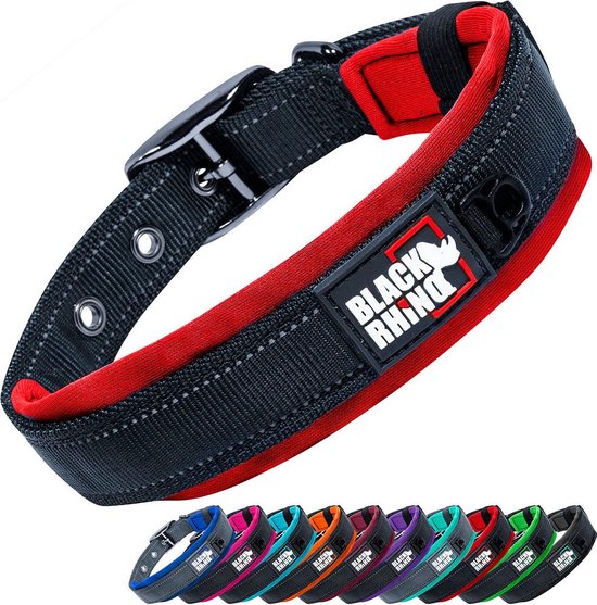 Black Rhino - De Comfort Collar Super Zacht Neopreen gevoerde hondenhalsband voor alle hondenrassen - Heavy Duty Verstelbaar Reflecterend Weerbestendig (Medium, Rood/Zwart)