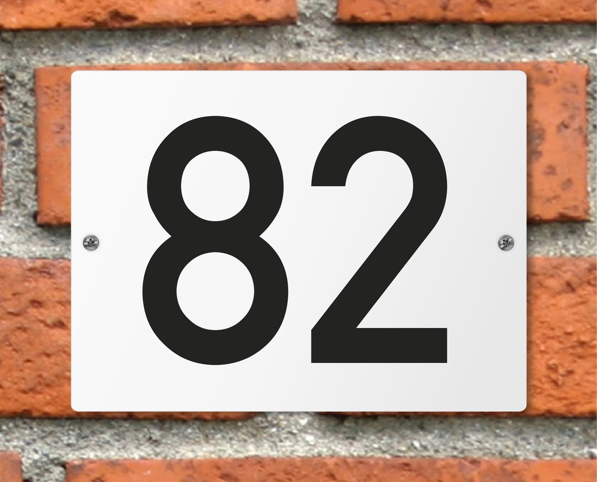 Huisnummerbord wit - Nummer 82 - standaard - 16 x 12 cm - schroeven - naambord - nummerbord - voordeur