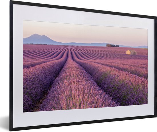Fotolijst incl. Poster - Uitgerekt paars lavendelveld tussen bergen - 60x40 cm - Posterlijst