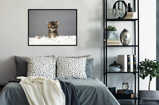 Photo encadrée - Chaton entre les plumes cadre photo noir sans passe partout 80x60 cm - Affiche encadrée (Décoration murale salon / chambre)