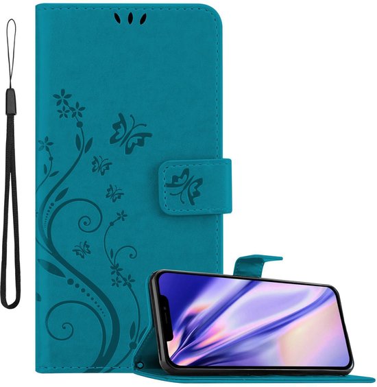 Cadorabo Hoesje geschikt voor Apple iPhone 13 MINI in BLOEMEN BLAUW - Beschermhoes in bloemmotief met magnetische sluiting, standfunctie en kaartsleuven Book Case Cover Etui
