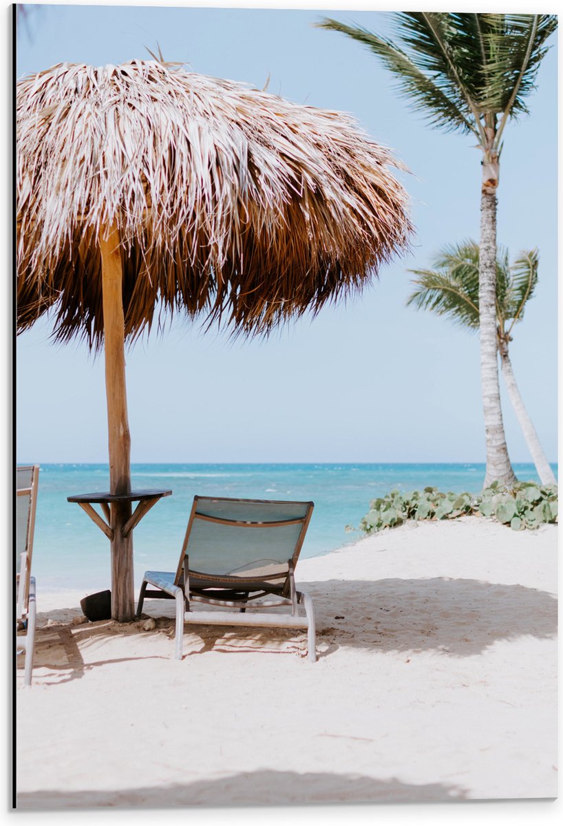 Dibond - Ligbedden onder Rieten Parasol met Palmboom - 40x60 cm Foto op Aluminium (Met Oph