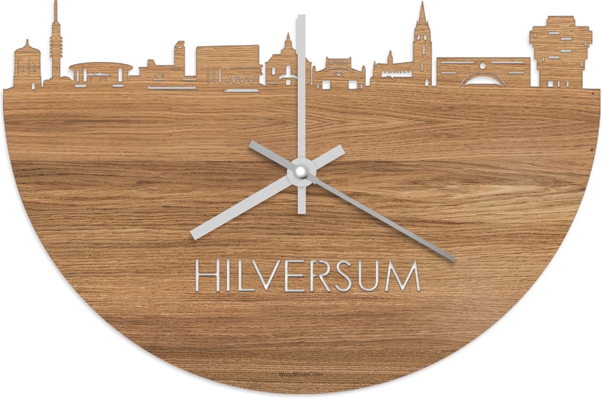 Skyline Klok Hilversum Eikenhout - Ø 40 cm - Stil uurwerk - Wanddecoratie - Meer steden beschikbaar - Woonkamer idee - Woondecoratie - City Art - Steden kunst - Cadeau voor hem - Cadeau voor haar - Jubileum - Trouwerij - Housewarming - WoodWideCities