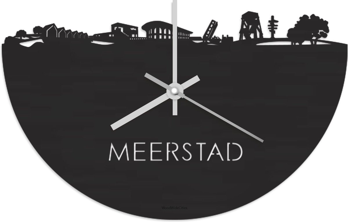 Skyline Klok Meerstad Zwart hout - Ø 40 cm - Stil uurwerk - Wanddecoratie - Meer steden beschikbaar - Woonkamer idee - Woondecoratie - City Art - Steden kunst - Cadeau voor hem - Cadeau voor haar - Jubileum - Trouwerij - Housewarming - WoodWideCities