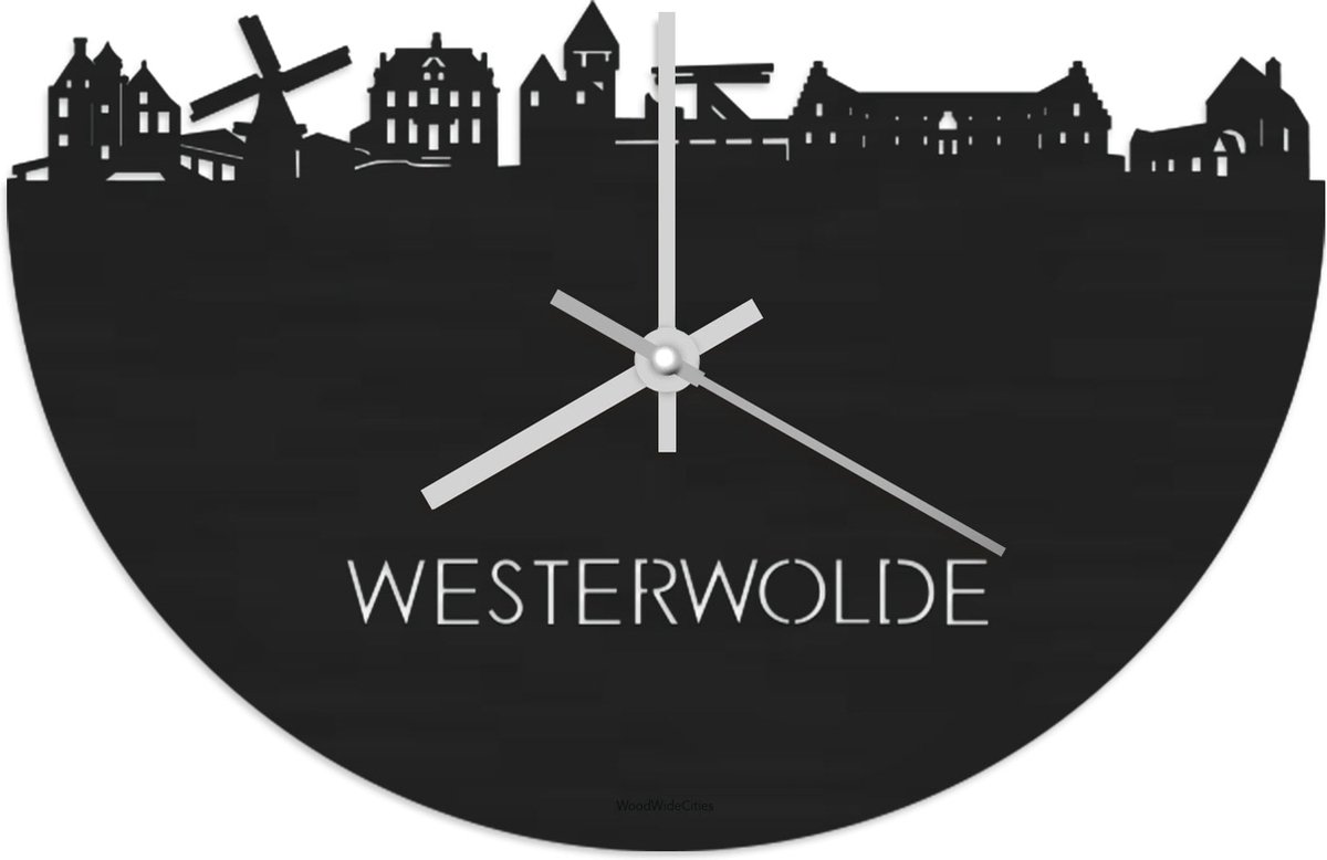 Skyline Klok Westerwolde Zwart hout - Ø 40 cm - Stil uurwerk - Wanddecoratie - Meer steden beschikbaar - Woonkamer idee - Woondecoratie - City Art - Steden kunst - Cadeau voor hem - Cadeau voor haar - Jubileum - Trouwerij - Housewarming -
