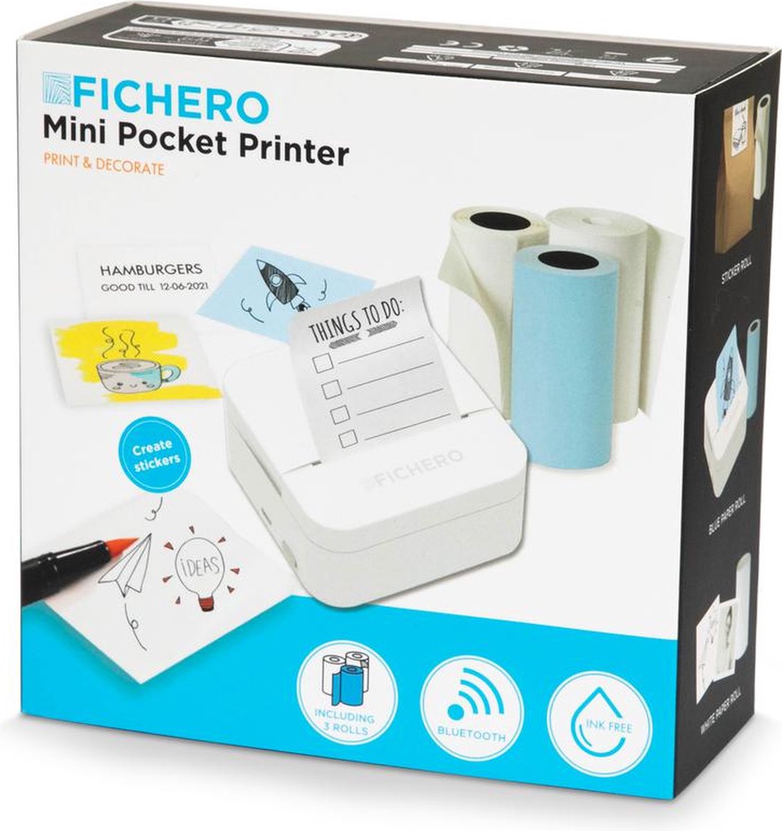 Fichero Mini Pocket Printer voor mobiel | Zonder Inkt | Draadloos Bluetooth | Inclusief 3 printrollen