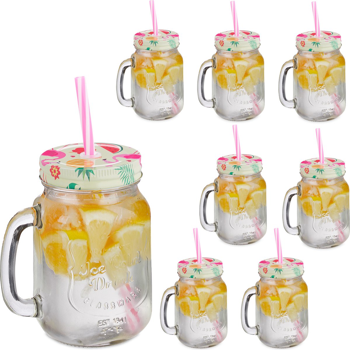 drinkglazen - set van 8 - zomerse print - 500 ml - met rietje en deksel - limonadeglas