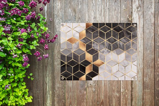 Tableau jardin Abstrait - Cube - Goud - Motifs - Zwart - Wit - 80x60 cm - Affiche jardin - Toile jardin - Affiche extérieur