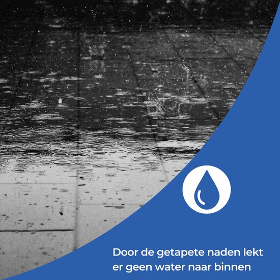 Illustratie van regen op stoeptegels met waterdruppels en het symbool voor waterdichtheid.