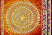 Fotobehang - Vlies Behang - Gouden Mandala op een Achtergrond in het Rood - Kunst - 312 x 219 cm