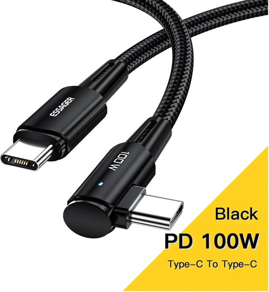 Essager 90° 100W USB-C Snellaad Kabel met Haakse Hoek 5A 2M Zwart