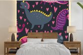 Behang babykamer - Fotobehang Dinosaurus - Kind - Patronen - Roze - Meisjes - Breedte 220 cm x hoogte 220 cm - Kinderbehang