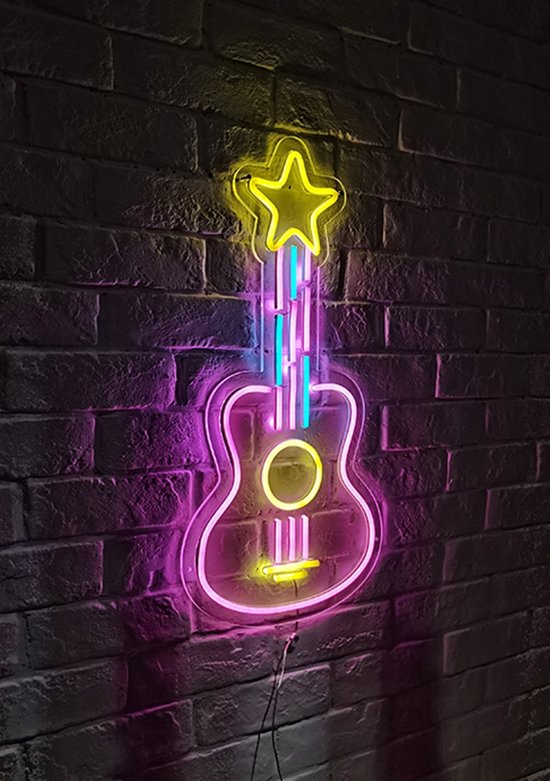 OHNO Neon Verlichting Guitar - Neon Lamp - Wandlamp - Decoratie - Led - Verlichting - Lamp - Nachtlampje - Mancave - Neon Party - Kamer decoratie aesthetic - Wandecoratie woonkamer - Wandlamp binnen - Lampen - Neon - Led Verlichting - Geel, Paars