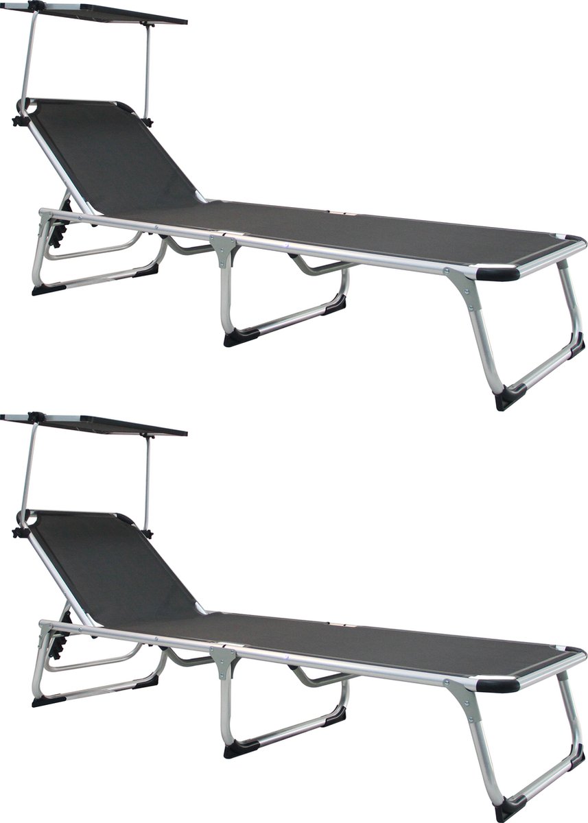 GENERIC - set van 2 ligstoelen AZUR - 2 x tuinligstoelen met 5-voudig verstelbare rugleuning - opklapbare ligstoelen - ligbed met zonnekap - L188xB61xH30 cm - aluminium - textileen - antraciet